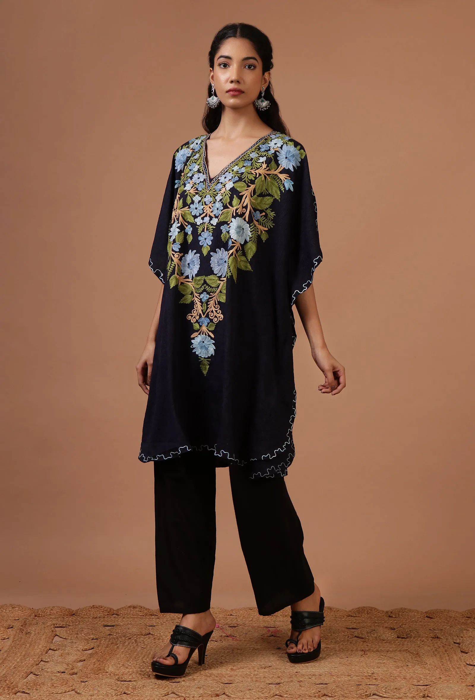 Navy Blue Cotton Crush Ari Embroidered Kaftan- Free Size