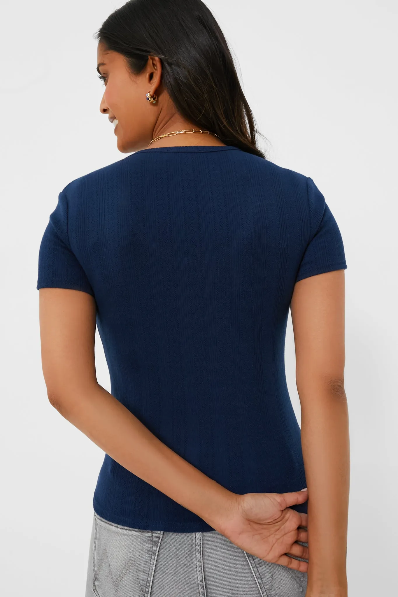 Navy Pointelle Bridgette Scoop Neck Tee