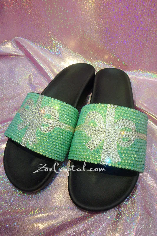 NEW Bling Bedazzled Black SANDALS / SLIDES / Slippers with Tiffany Bow Fashinable Cool Shinny Sparkly Crystal Rhinestone Glitter