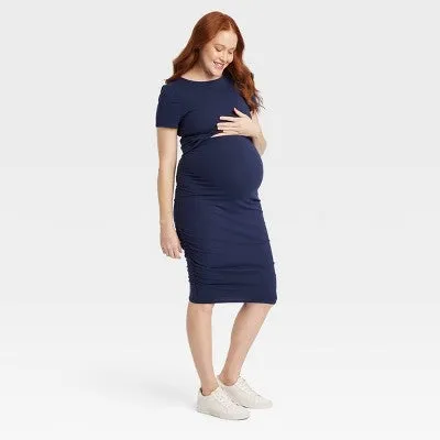 New - Short Sleeve Match Back Knit Maternity Skirt Set - Isabel Maternity by Ingrid & Isabel Navy Blue L