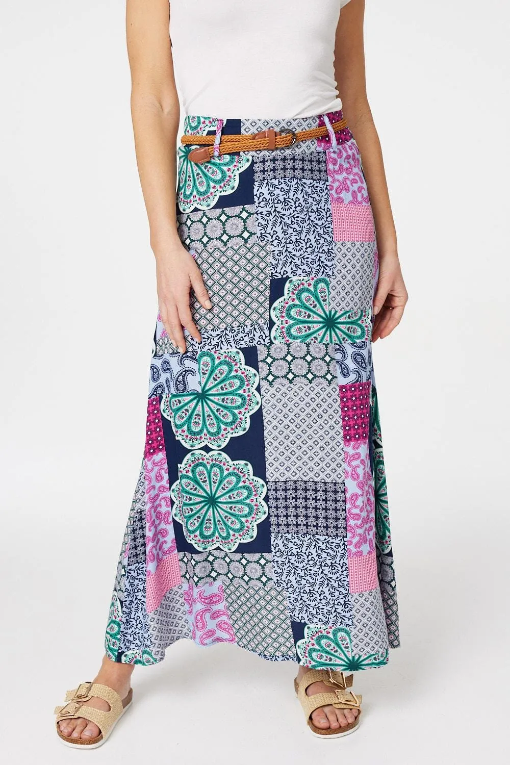 Patchwork Print A-Line Maxi Skirt