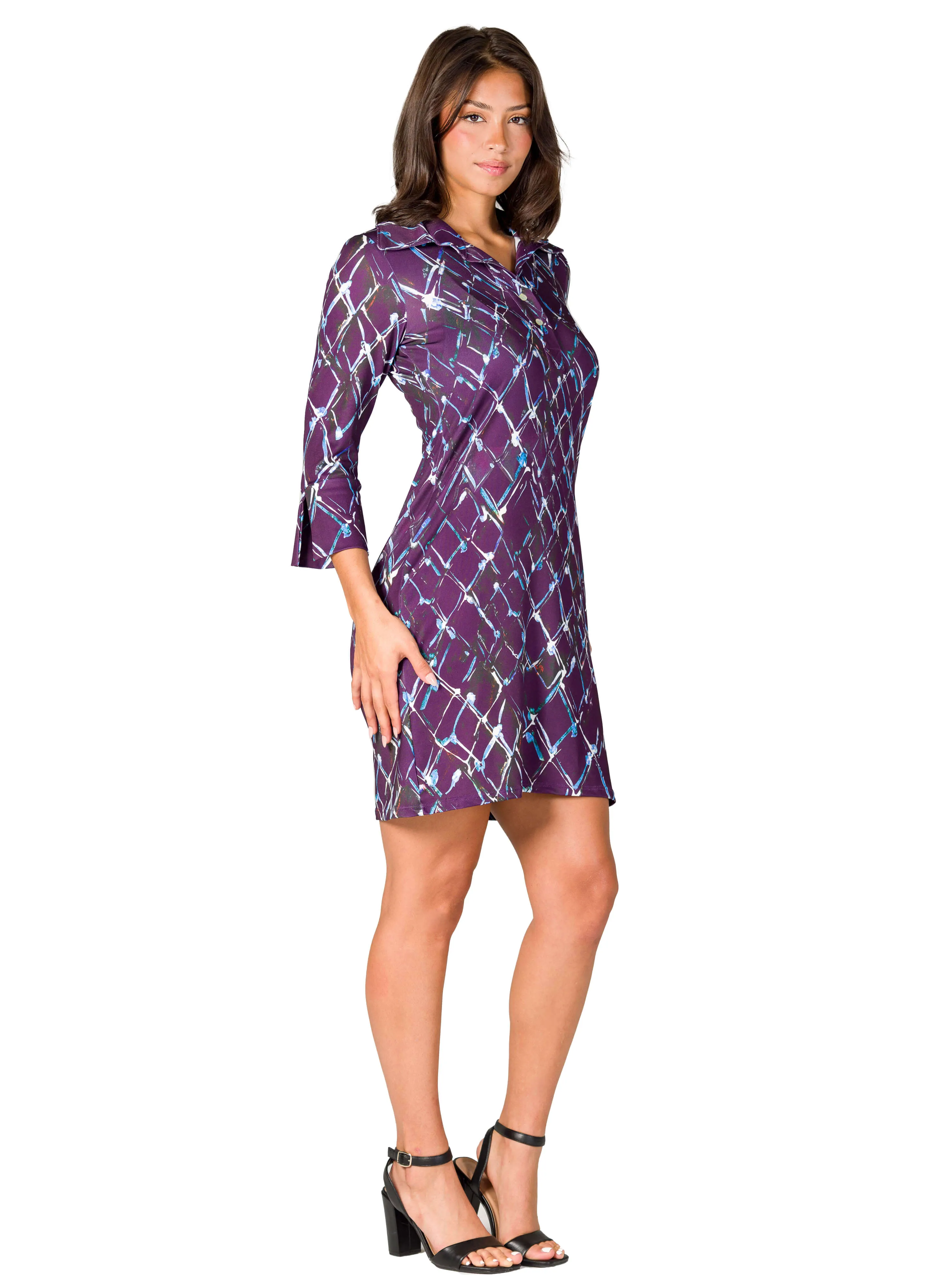 Purple Geometric Print Three Quarter Sleeve Collar Mini Dress