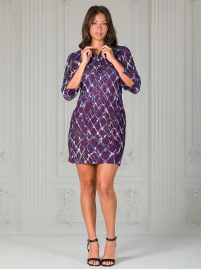 Purple Geometric Print Three Quarter Sleeve Collar Mini Dress