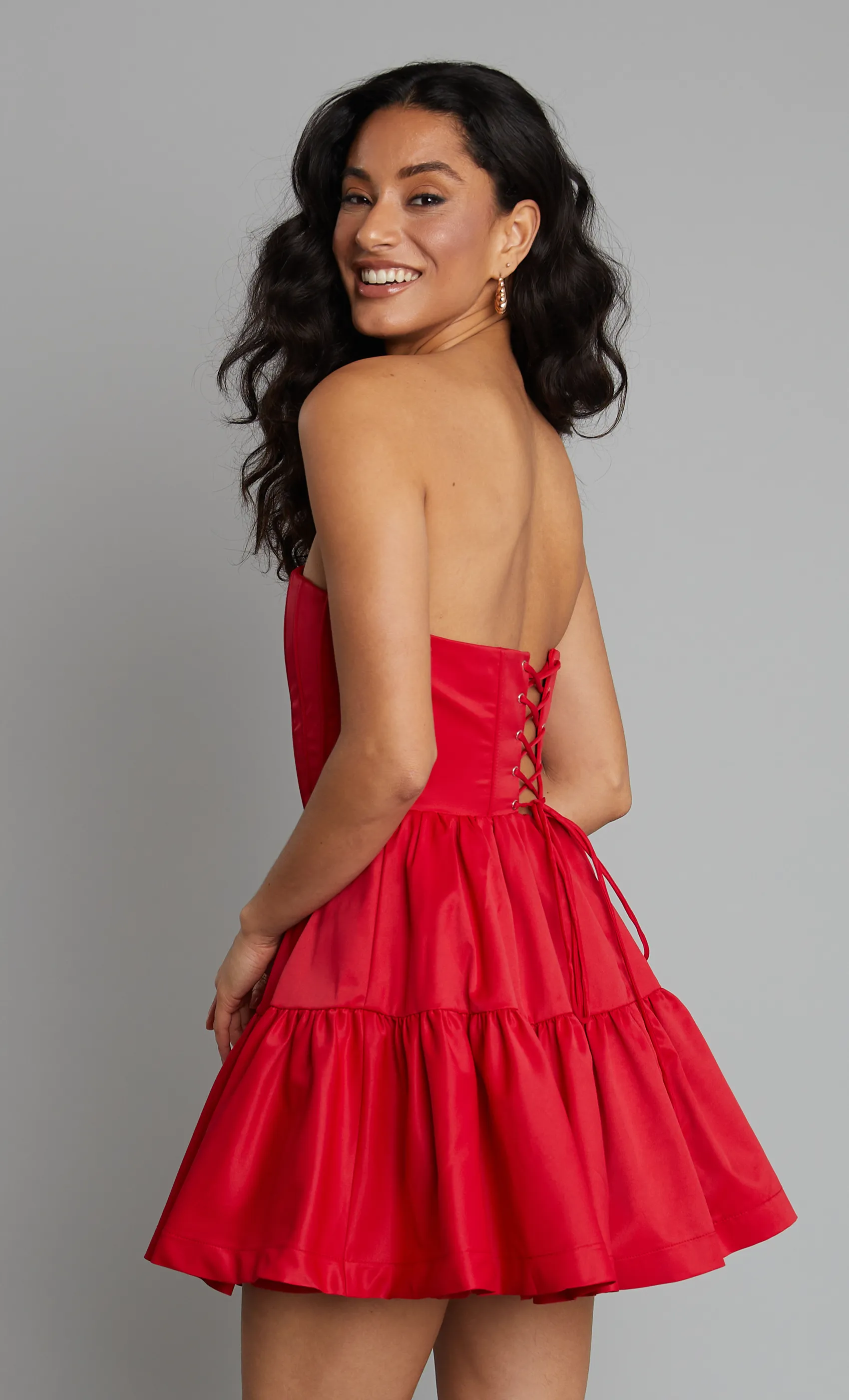 Red Bandeau Tiered Mini Dress