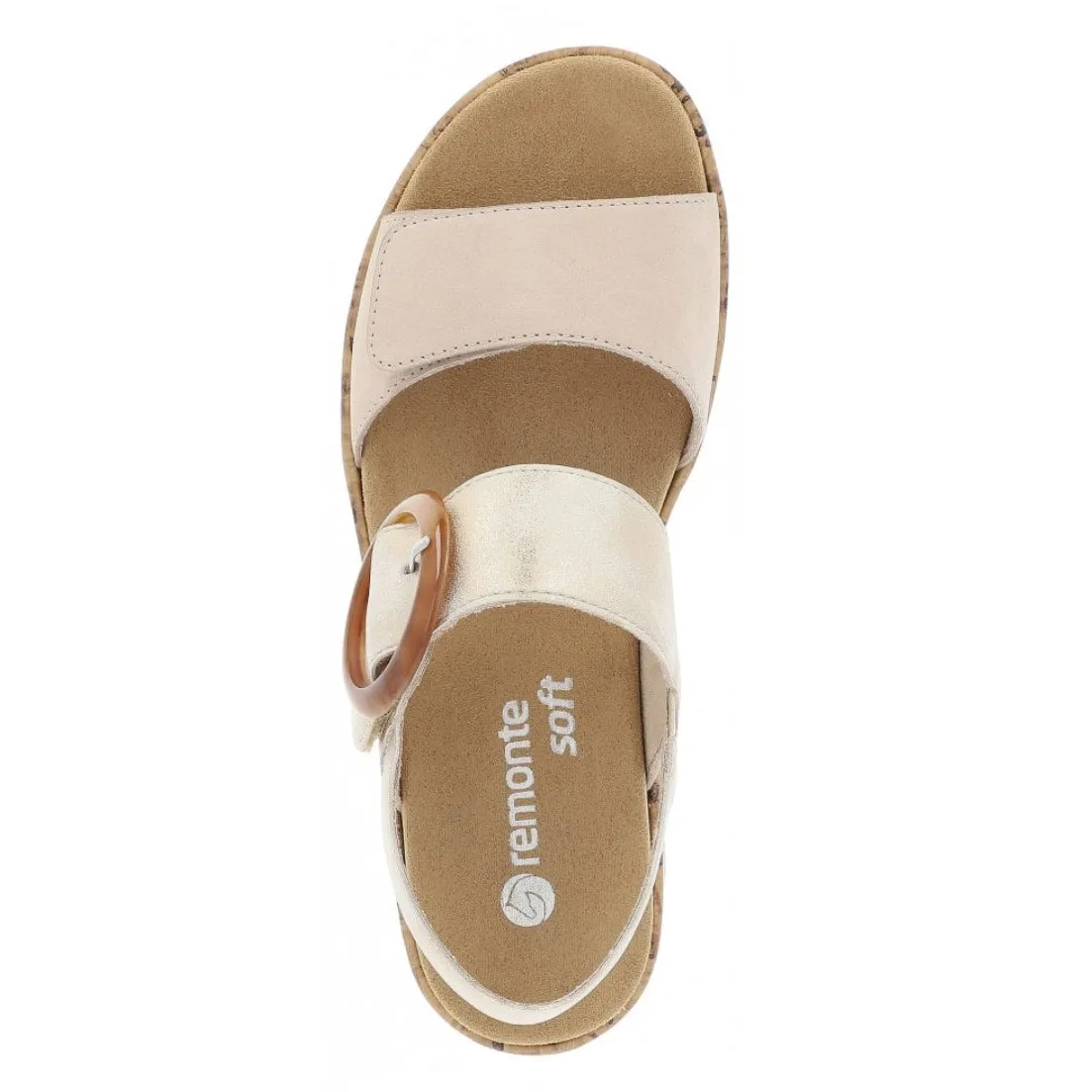 Remonte R6853-61 Columbo Beige And Soft Gold Metallic Leather Low Wedge Sandals