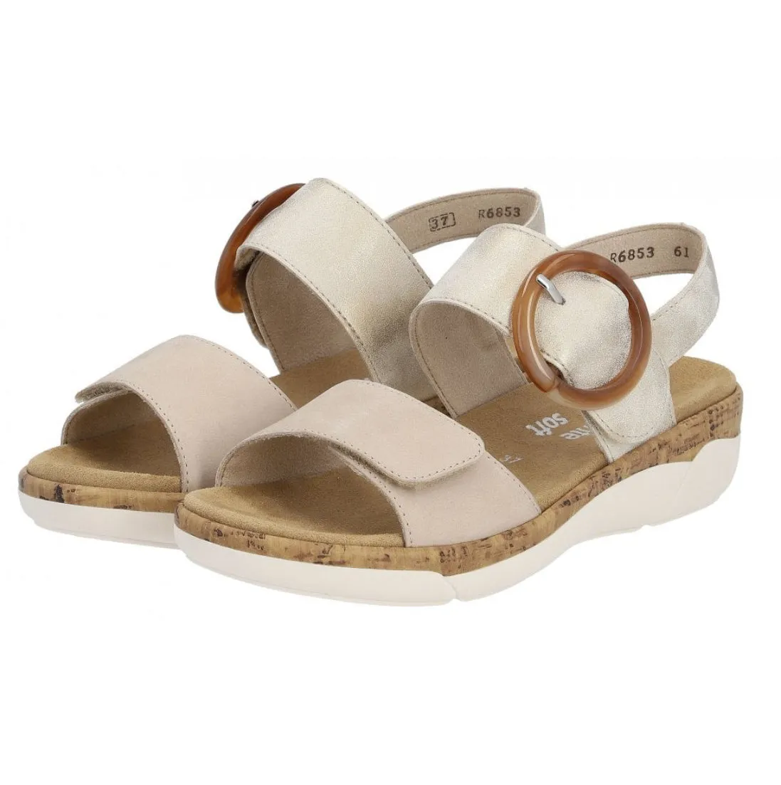 Remonte R6853-61 Columbo Beige And Soft Gold Metallic Leather Low Wedge Sandals