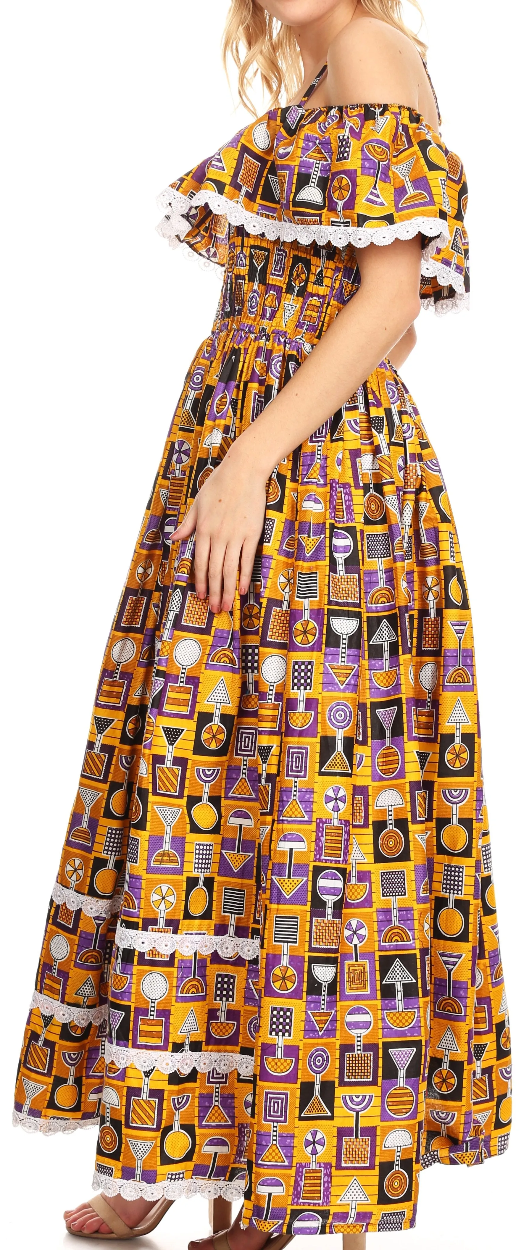 Sakkas Afua Women's Long Maxi African Ankara Wax Print with Overlay and Pockets