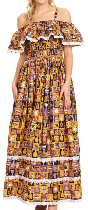 Sakkas Afua Women's Long Maxi African Ankara Wax Print with Overlay and Pockets