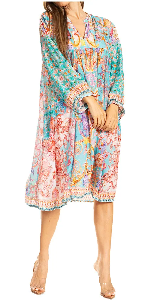 Sakkas Womens 3/4 Puff Sleeves Split Neck Summer Short Flowy Swing Dress/Cover-up