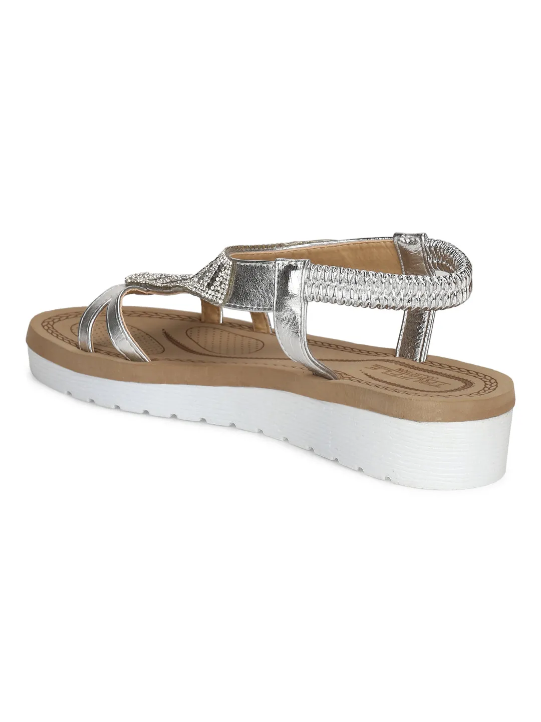 Silver Met Diamante Double Strap Platform Slip-On Sandals