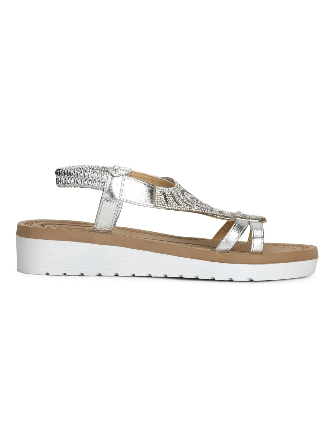 Silver Met Diamante Double Strap Platform Slip-On Sandals