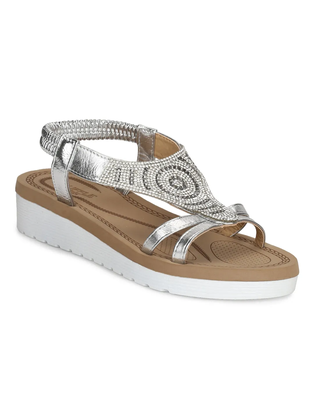 Silver Met Diamante Double Strap Platform Slip-On Sandals