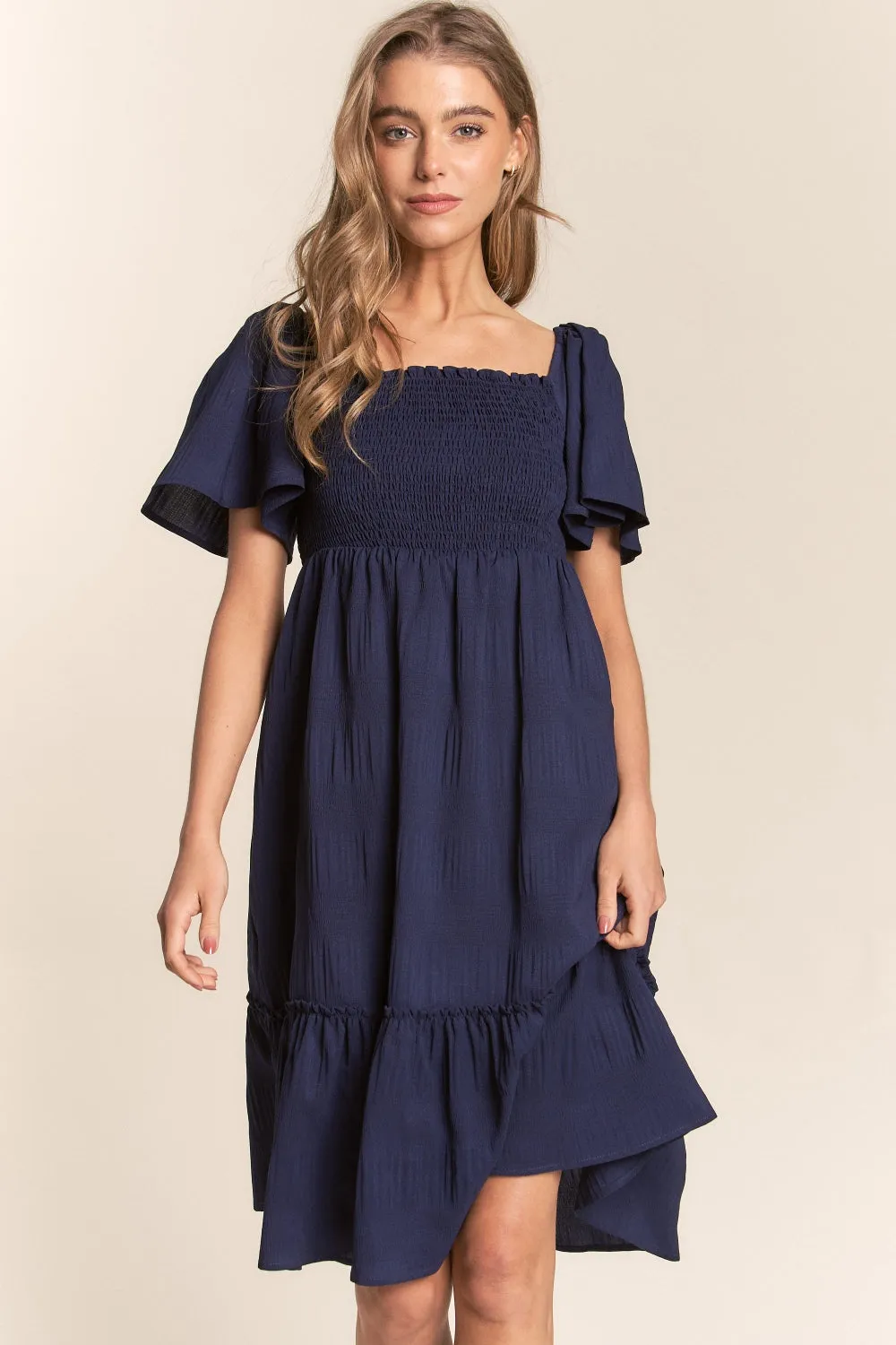 Smocked Bow Back Ruffle Hem Dress