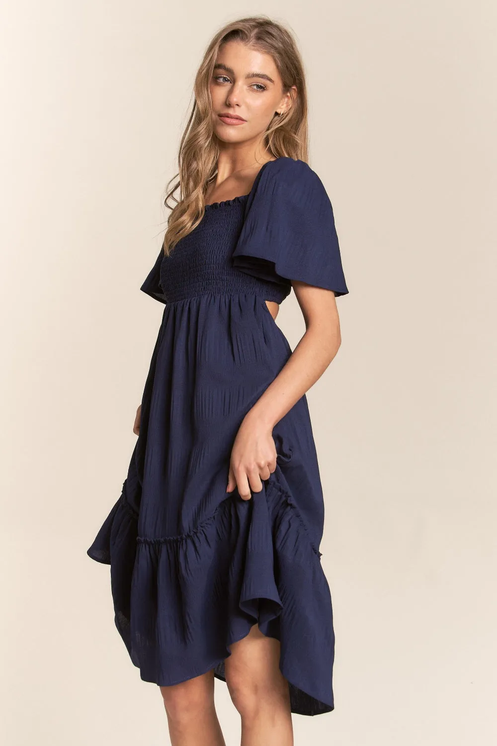 Smocked Bow Back Ruffle Hem Dress