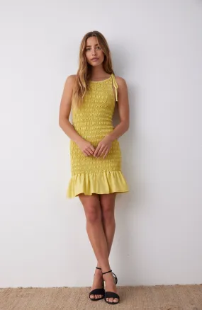 Smocked Tie Neck Mini Dress  - Sunray