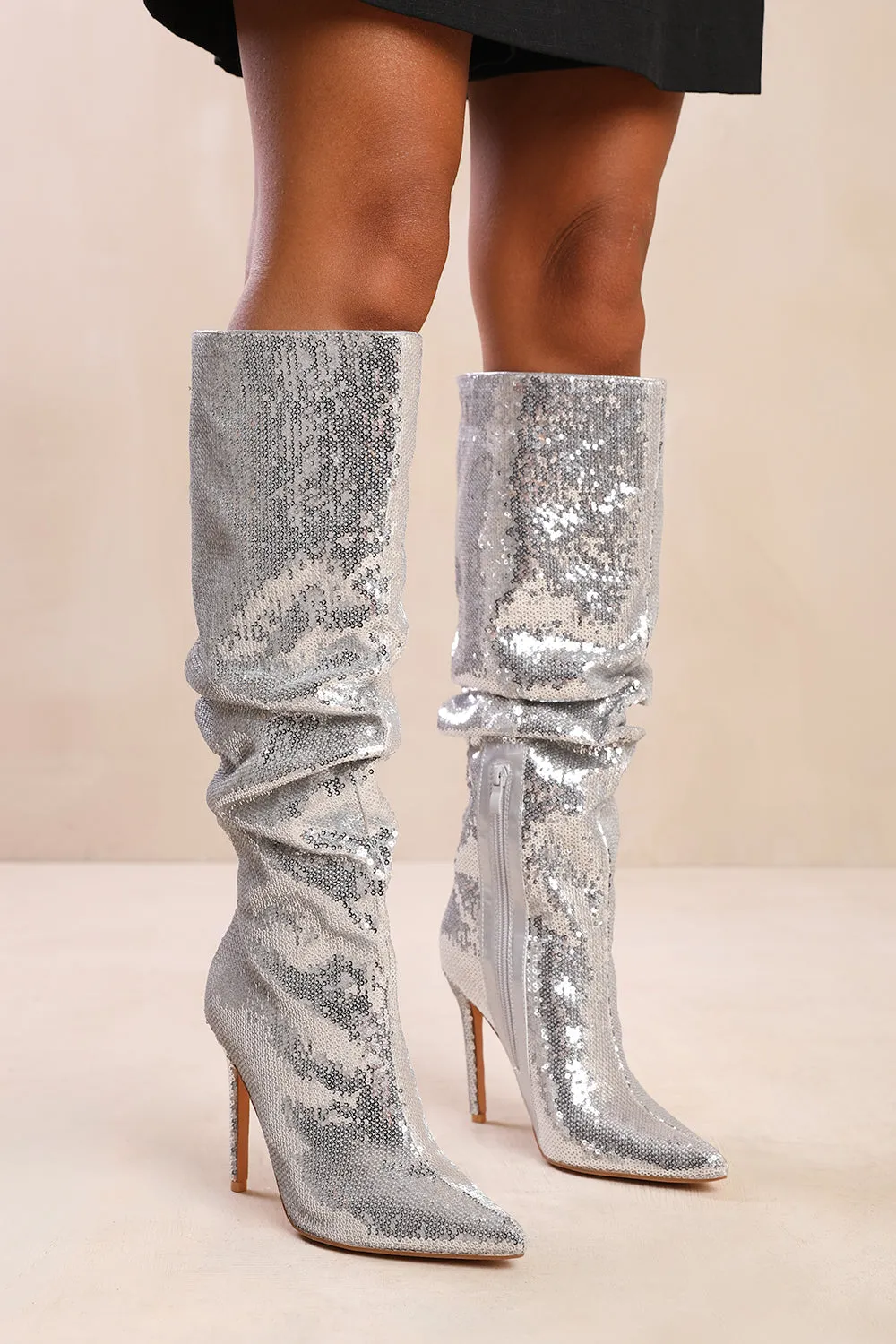 SPARKLE BELOW KNEE SEQUIN SLOUCH BOOTS IN SILVER