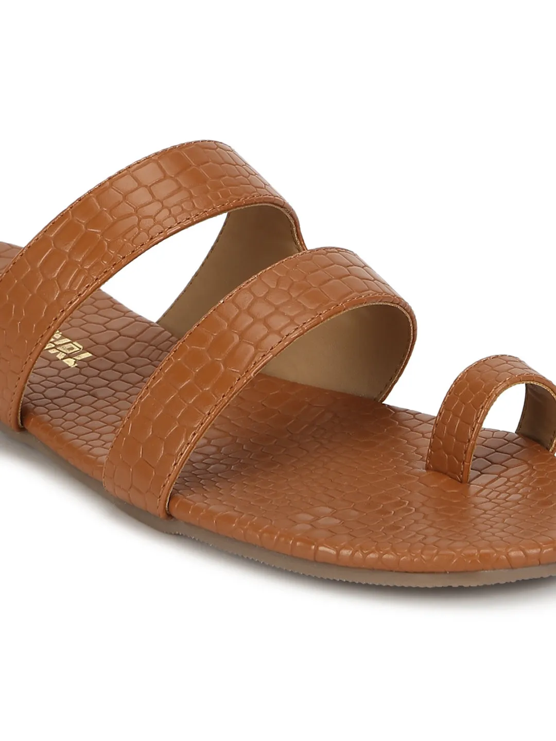 Tan Croc PU Flat Slip On Sandals