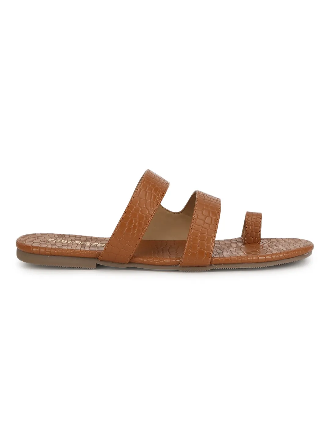 Tan Croc PU Flat Slip On Sandals