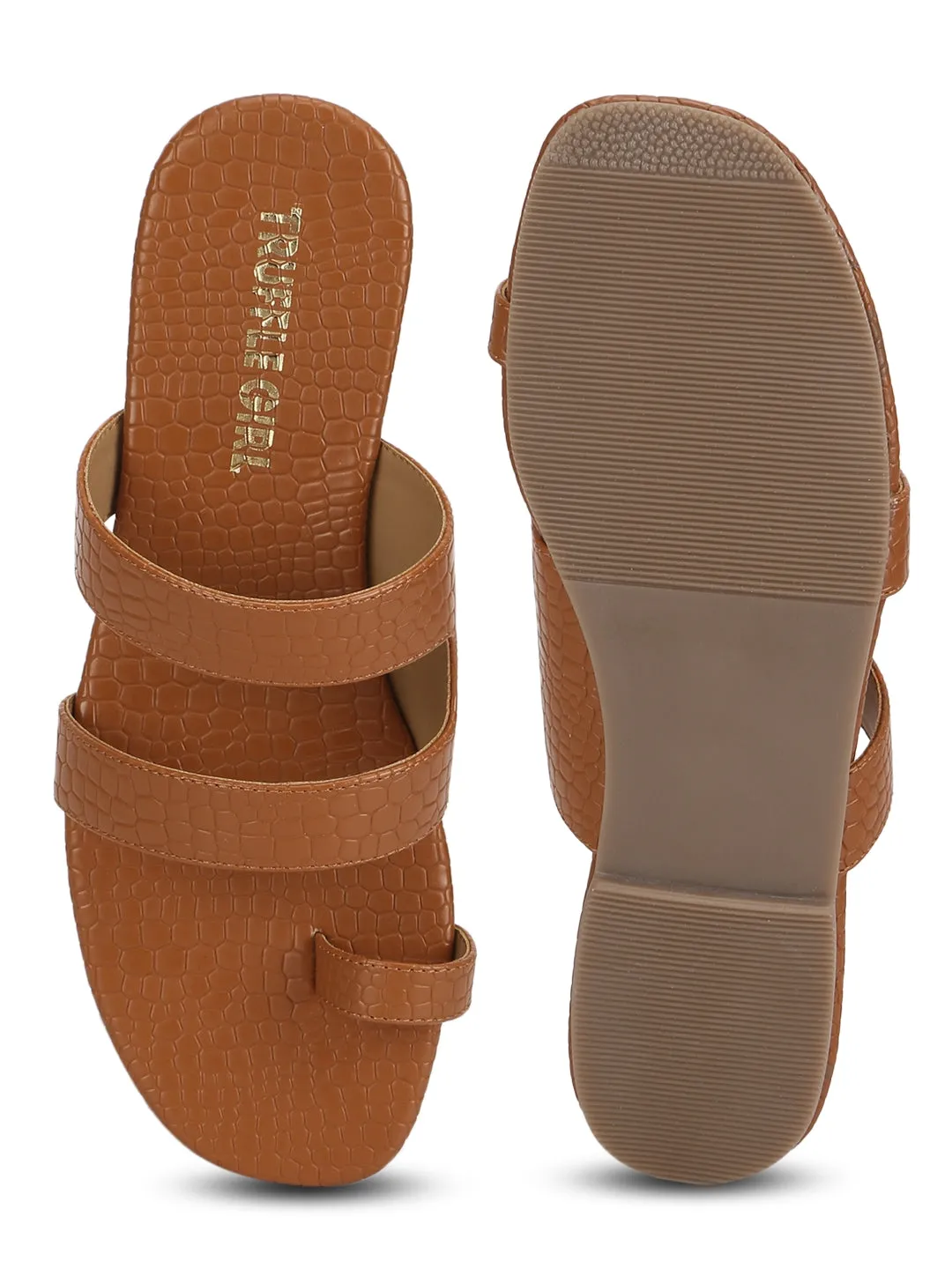 Tan Croc PU Flat Slip On Sandals