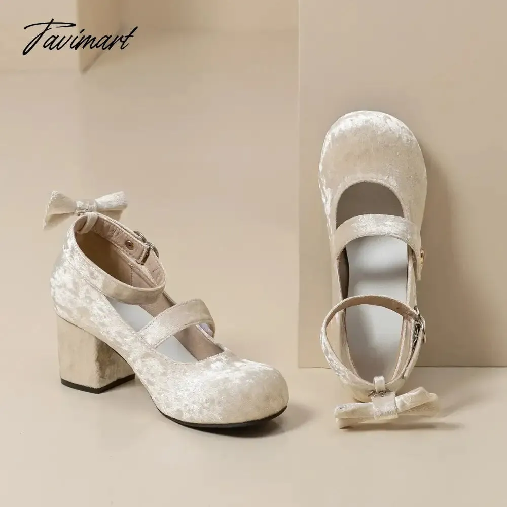 Tavimart 2024 NEW Lolita Young Girl Pumps Velvet Bow Mary Jane Shoes 6CM Women Heart Buckle Thick Heel Elegant Valentine Shoes