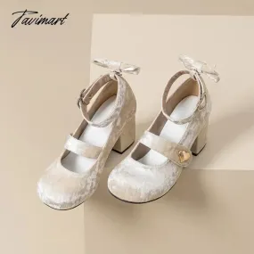 Tavimart 2024 NEW Lolita Young Girl Pumps Velvet Bow Mary Jane Shoes 6CM Women Heart Buckle Thick Heel Elegant Valentine Shoes