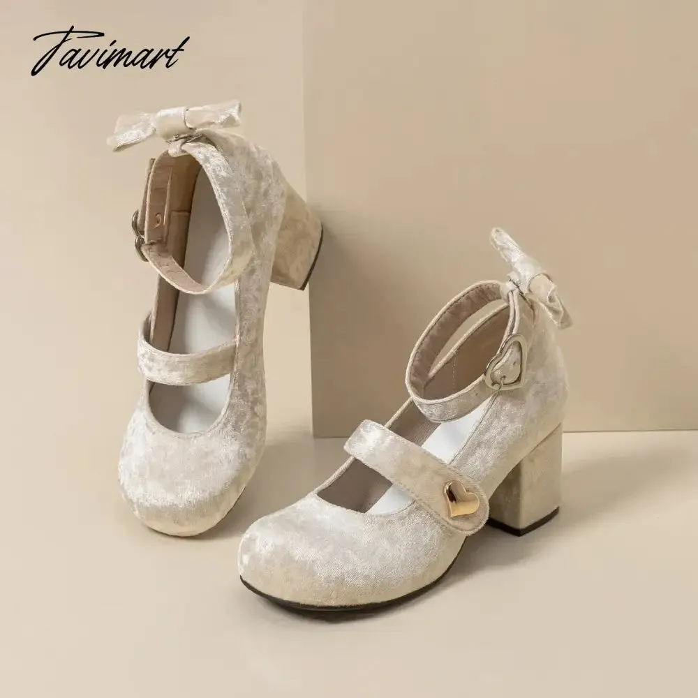 Tavimart 2024 NEW Lolita Young Girl Pumps Velvet Bow Mary Jane Shoes 6CM Women Heart Buckle Thick Heel Elegant Valentine Shoes