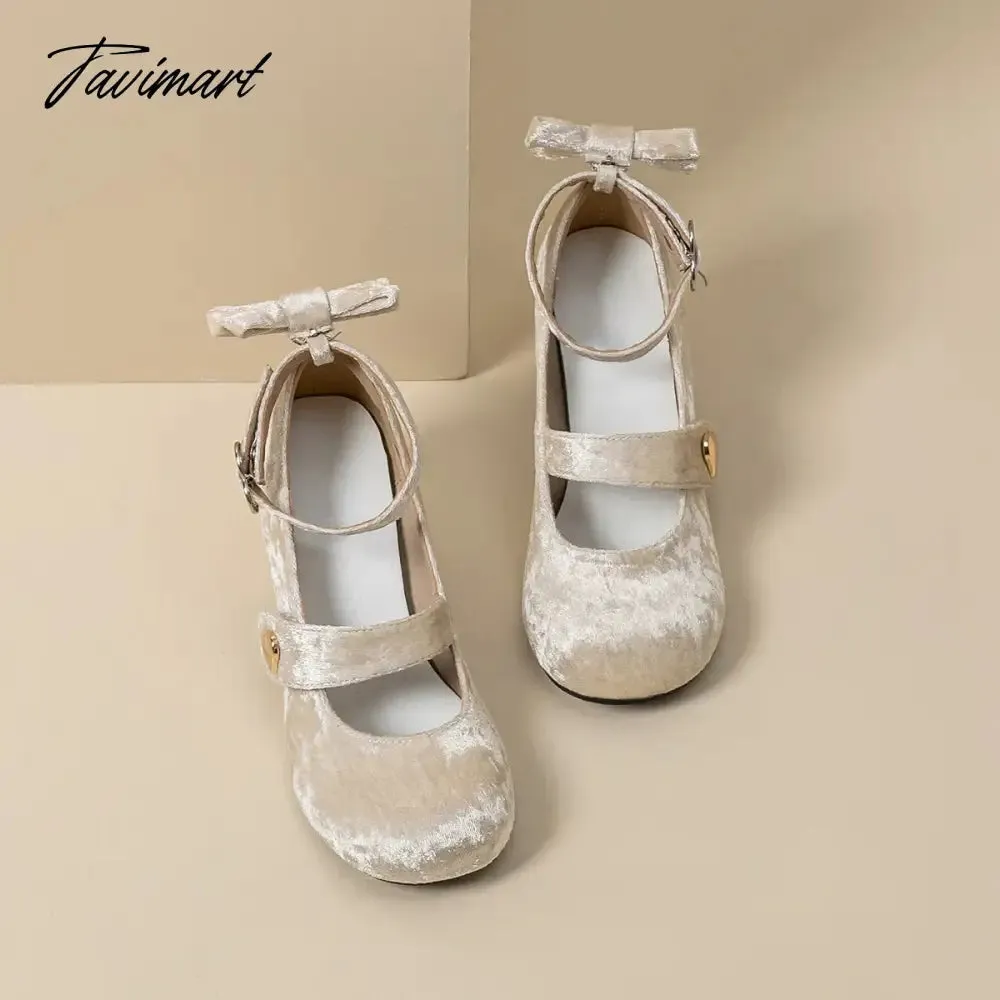 Tavimart 2024 NEW Lolita Young Girl Pumps Velvet Bow Mary Jane Shoes 6CM Women Heart Buckle Thick Heel Elegant Valentine Shoes