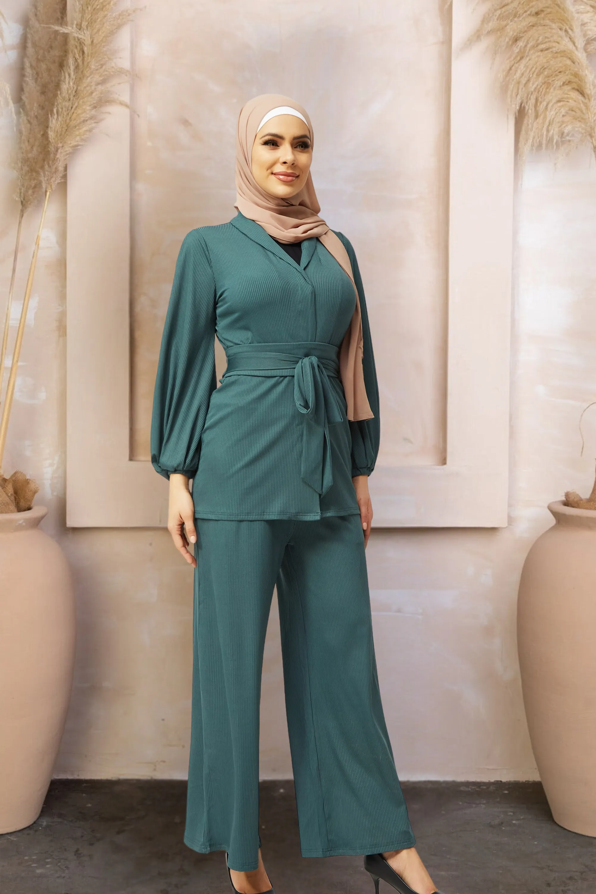 Teal Belted Ribbed Tunic & Pants Set-