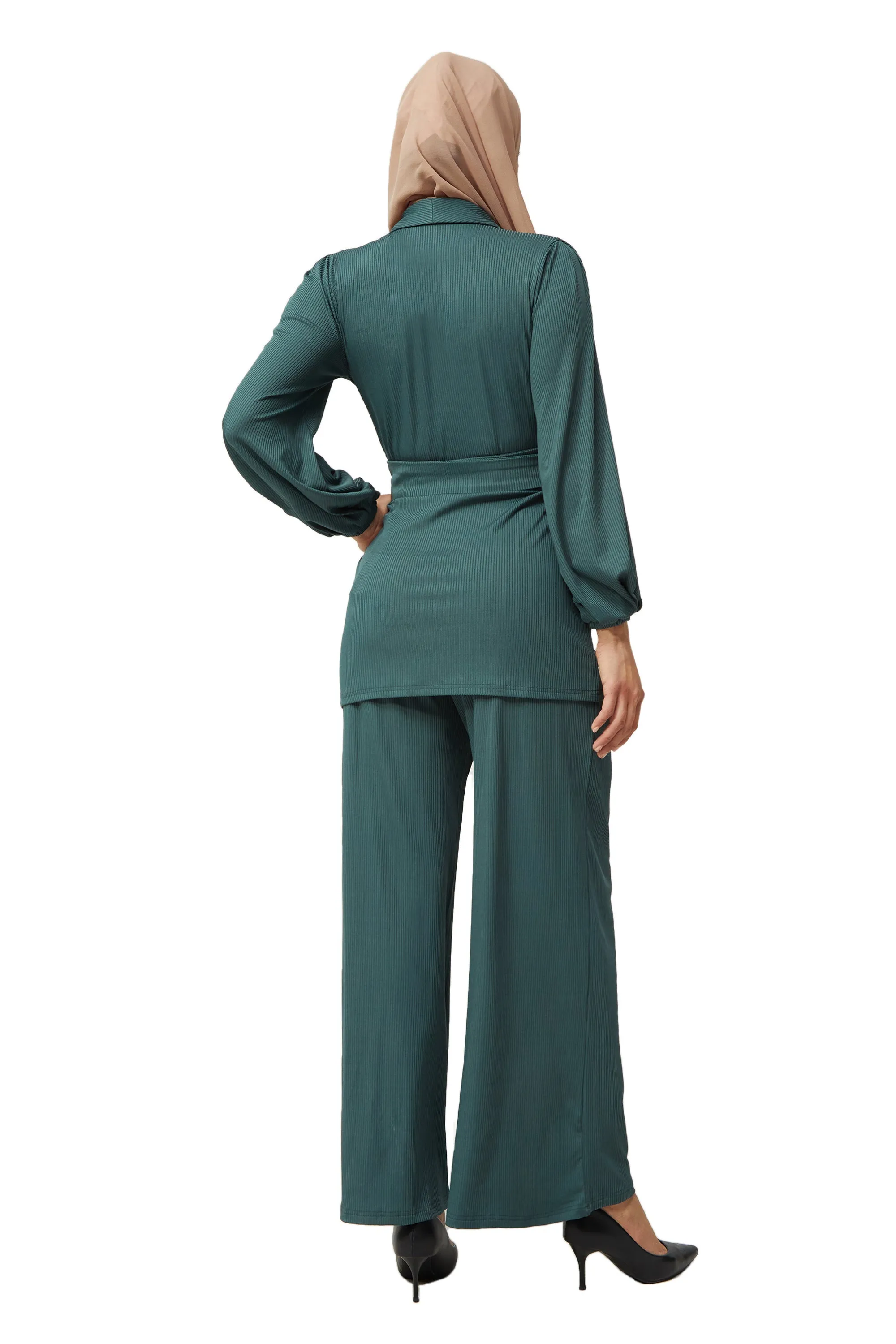 Teal Belted Ribbed Tunic & Pants Set-