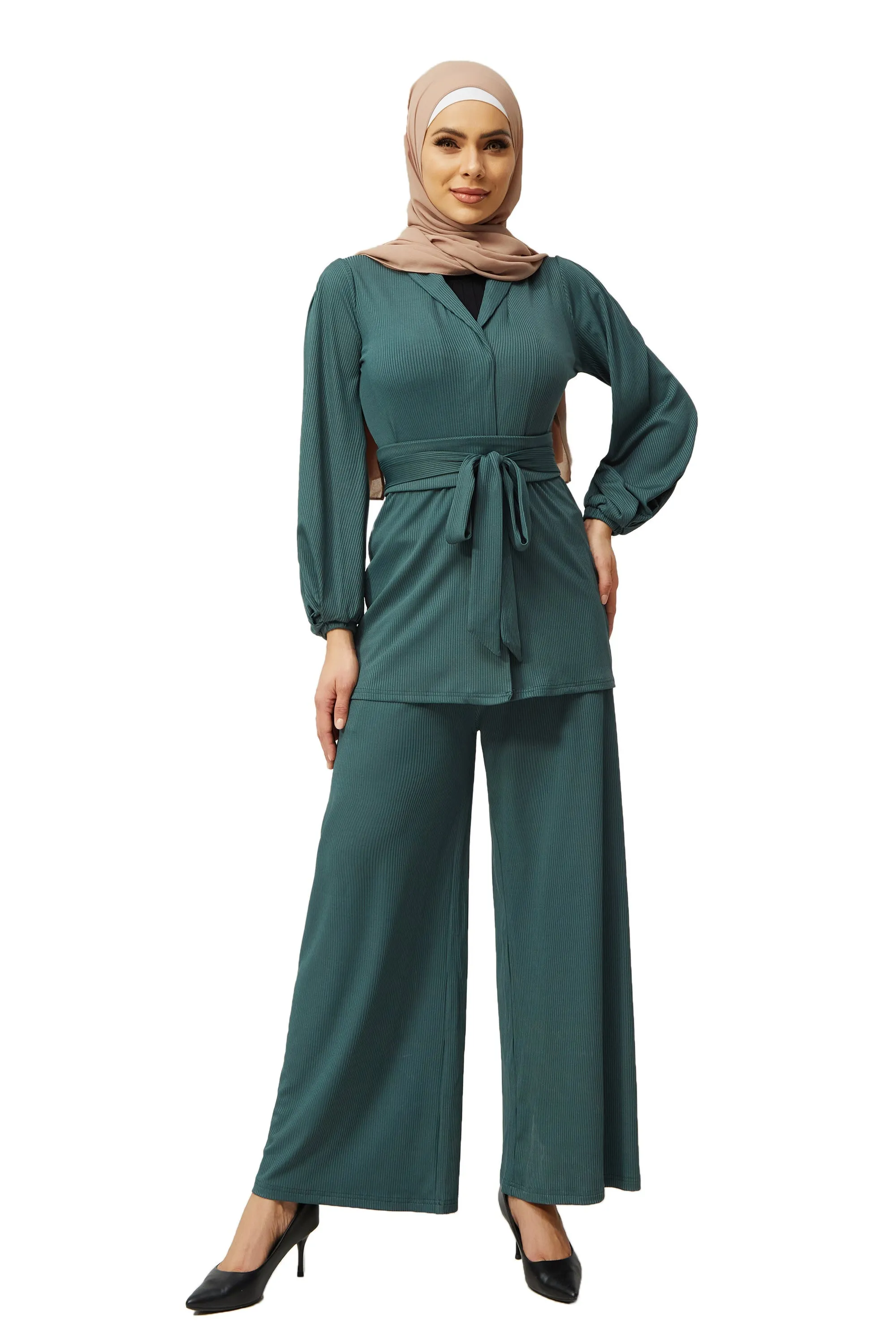 Teal Belted Ribbed Tunic & Pants Set-