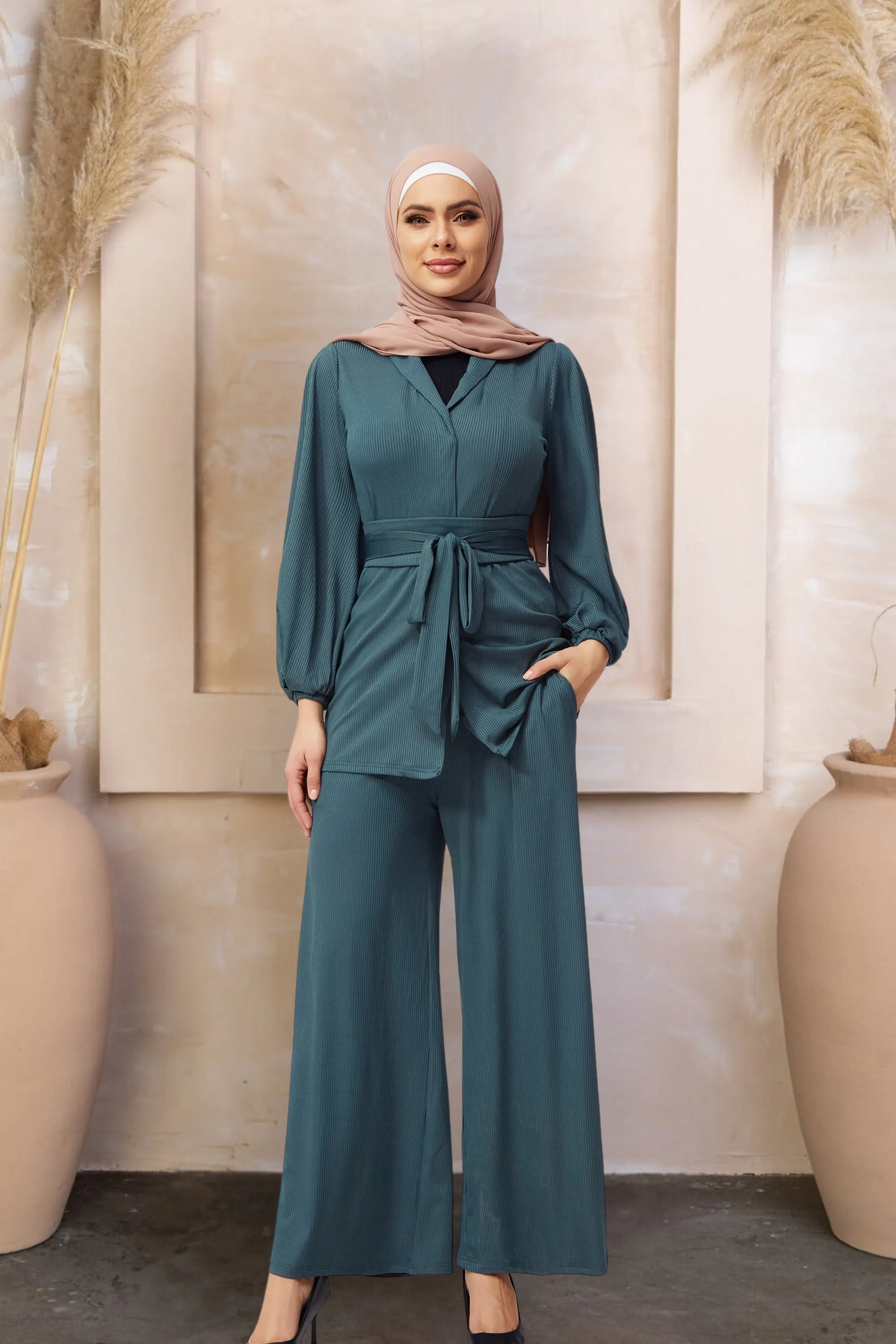 Teal Belted Ribbed Tunic & Pants Set-