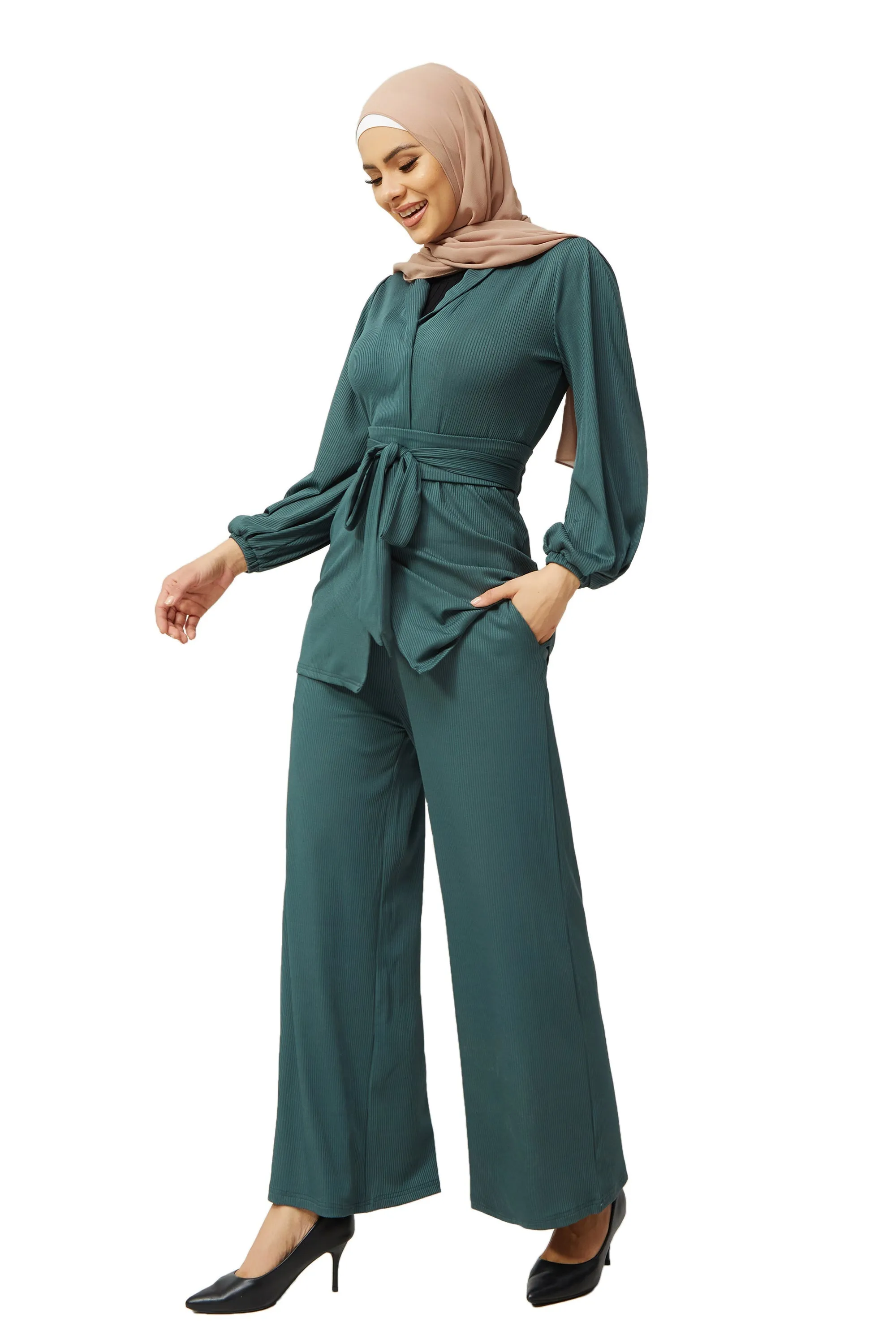 Teal Belted Ribbed Tunic & Pants Set-