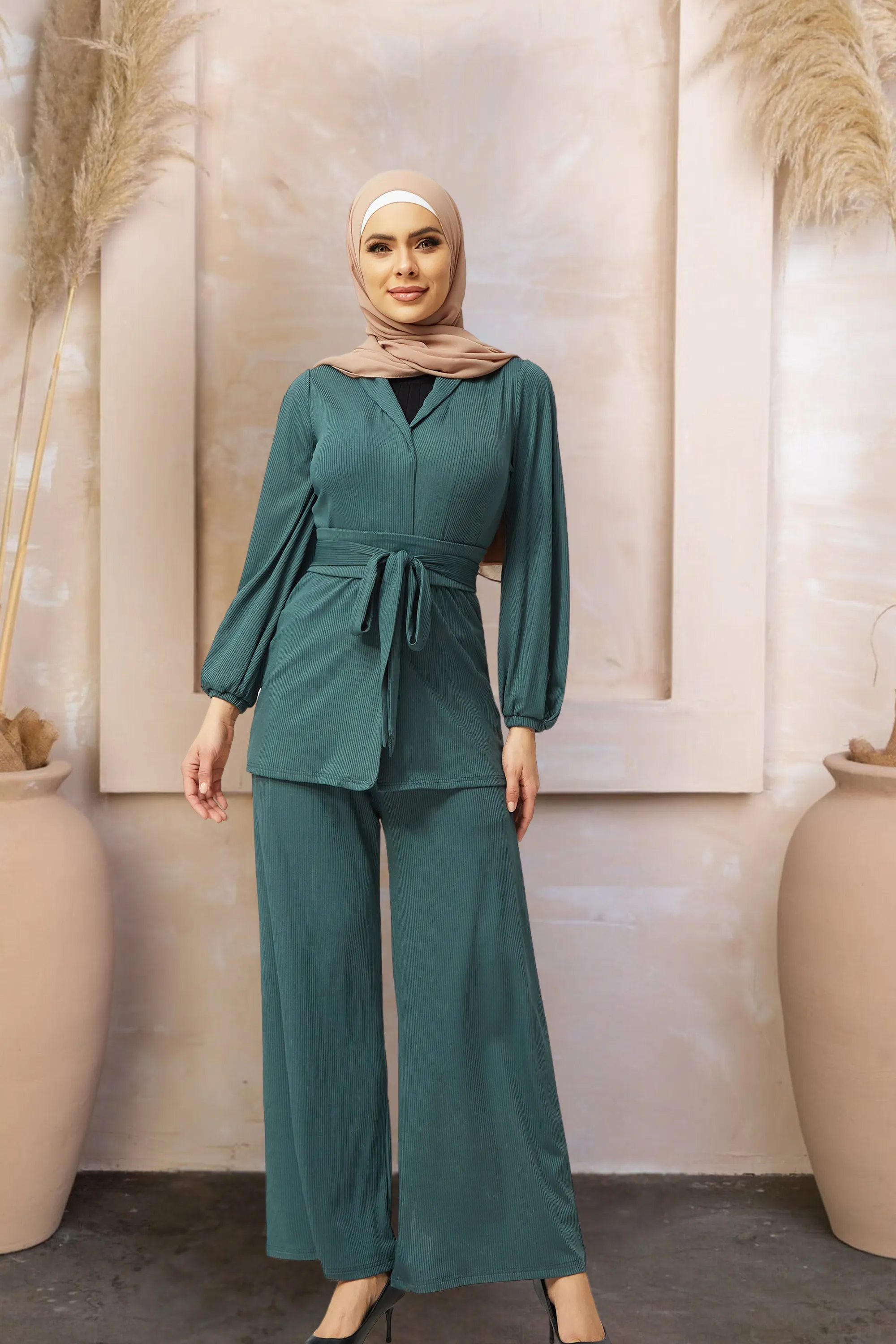 Teal Belted Ribbed Tunic & Pants Set-