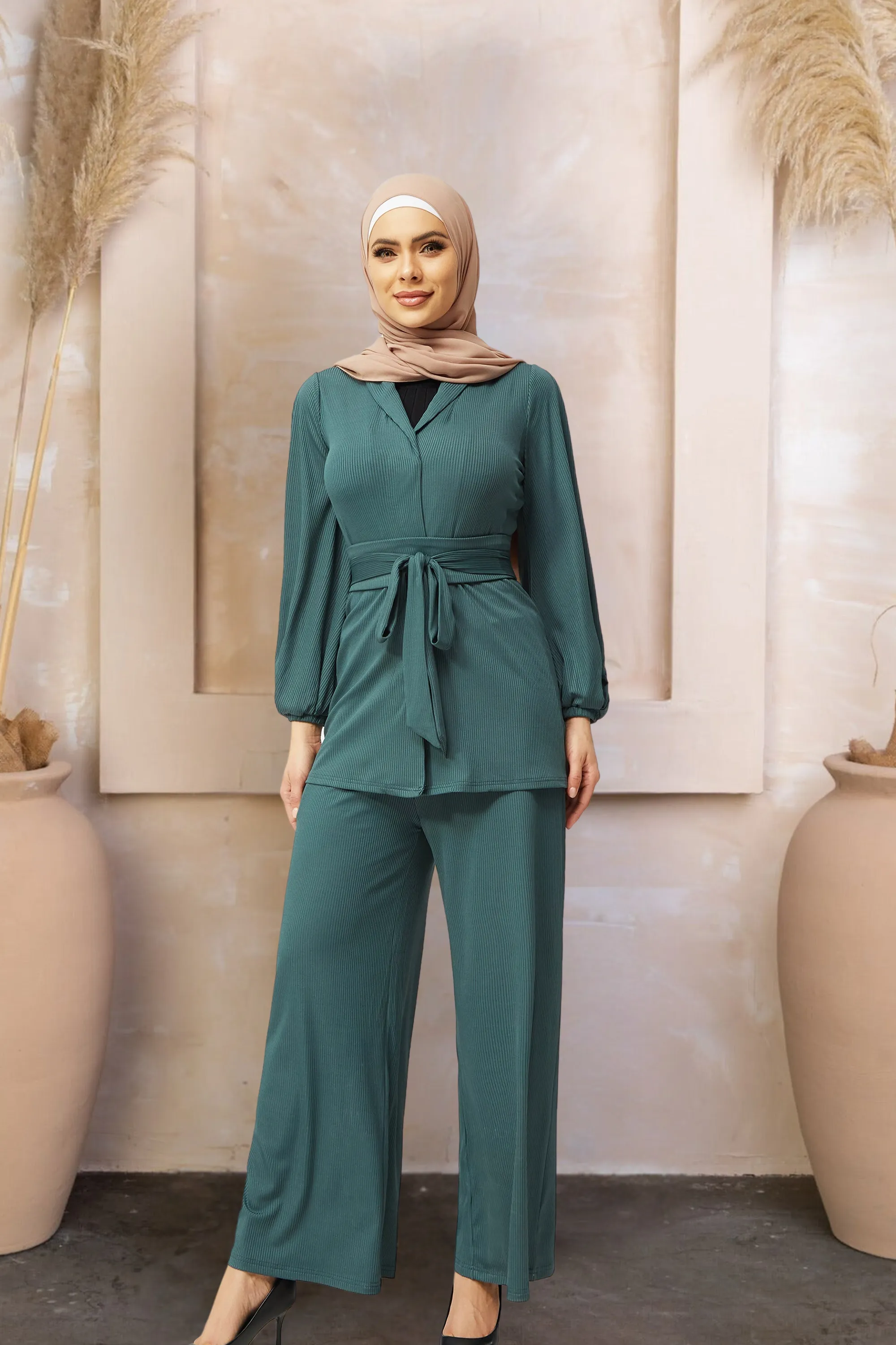 Teal Belted Ribbed Tunic & Pants Set-