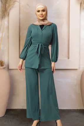 Teal Belted Ribbed Tunic & Pants Set-