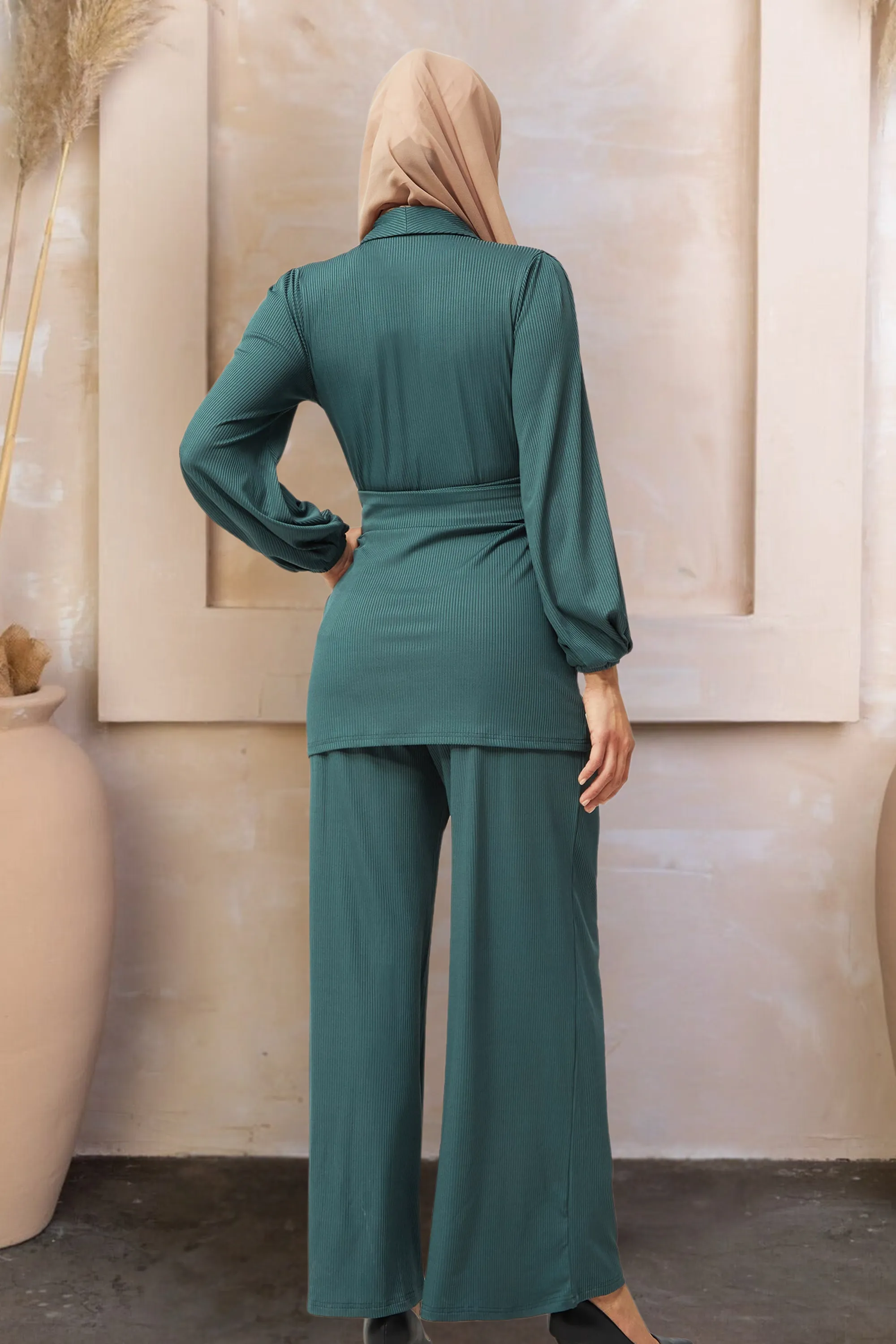 Teal Belted Ribbed Tunic & Pants Set-