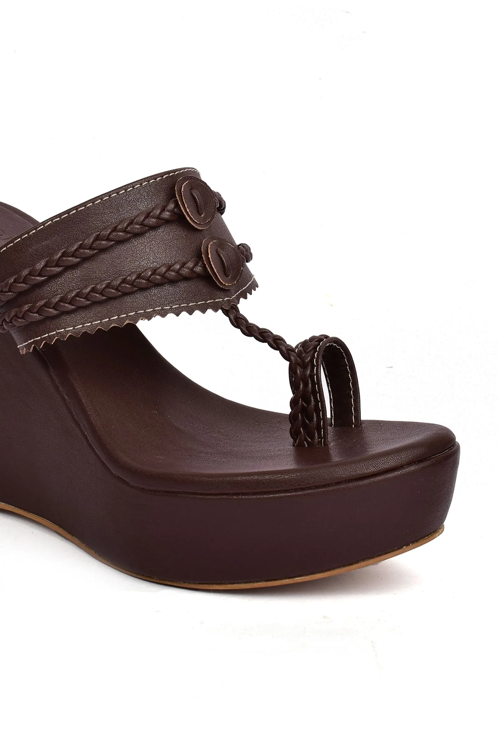 Umber Brown Vegan Leather Kolhapuri Wedges