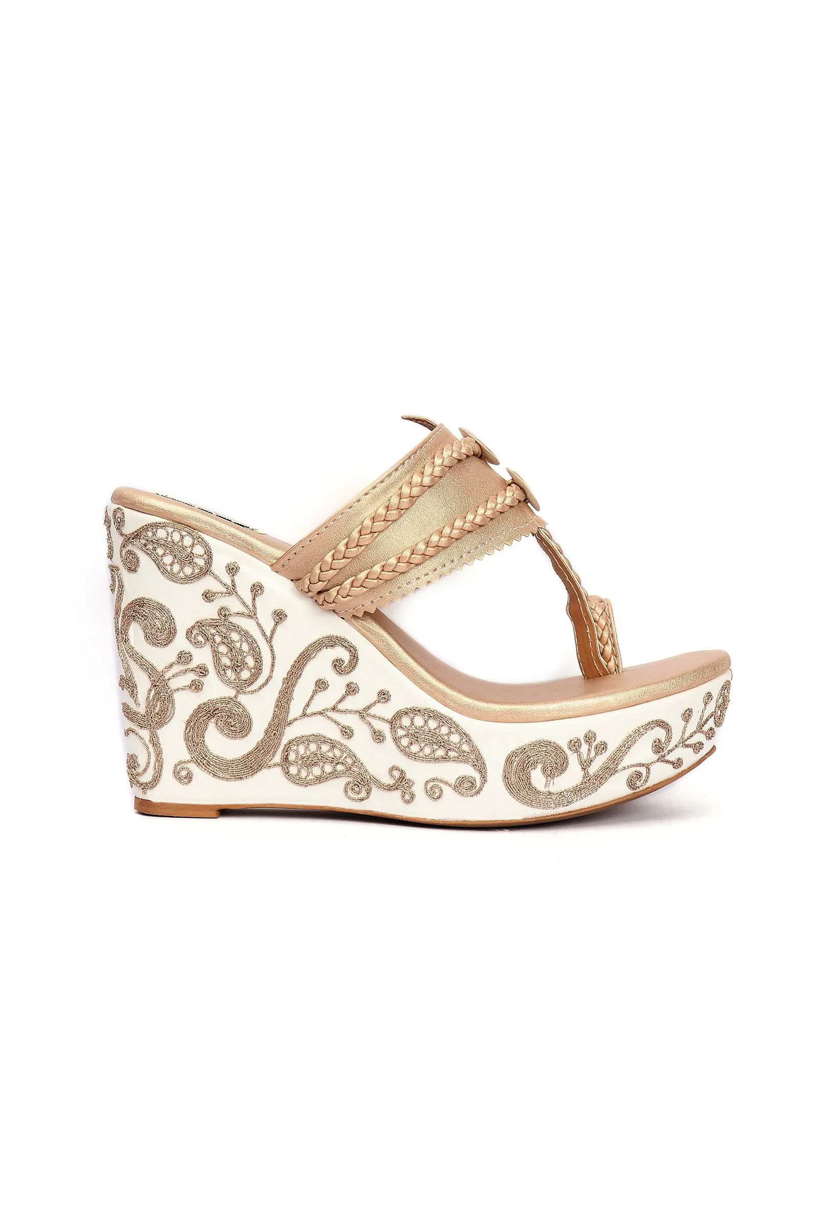 Varnika Golden Hand Embroidered Braided One Toe Wedges