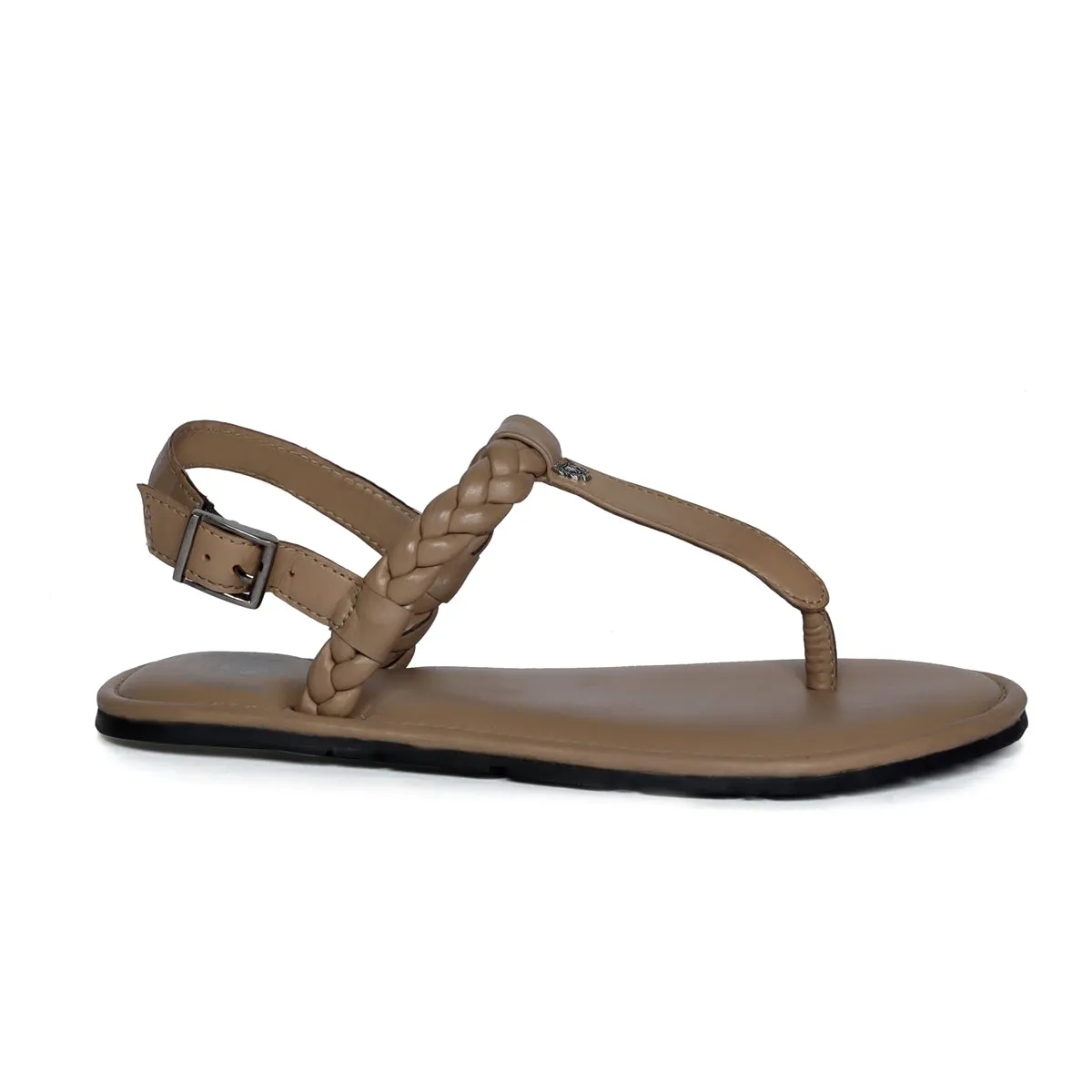 Weaved Loop Beige Buckled T-Strap Genuine Leather Ladies Sandal by Brune & Bareskin