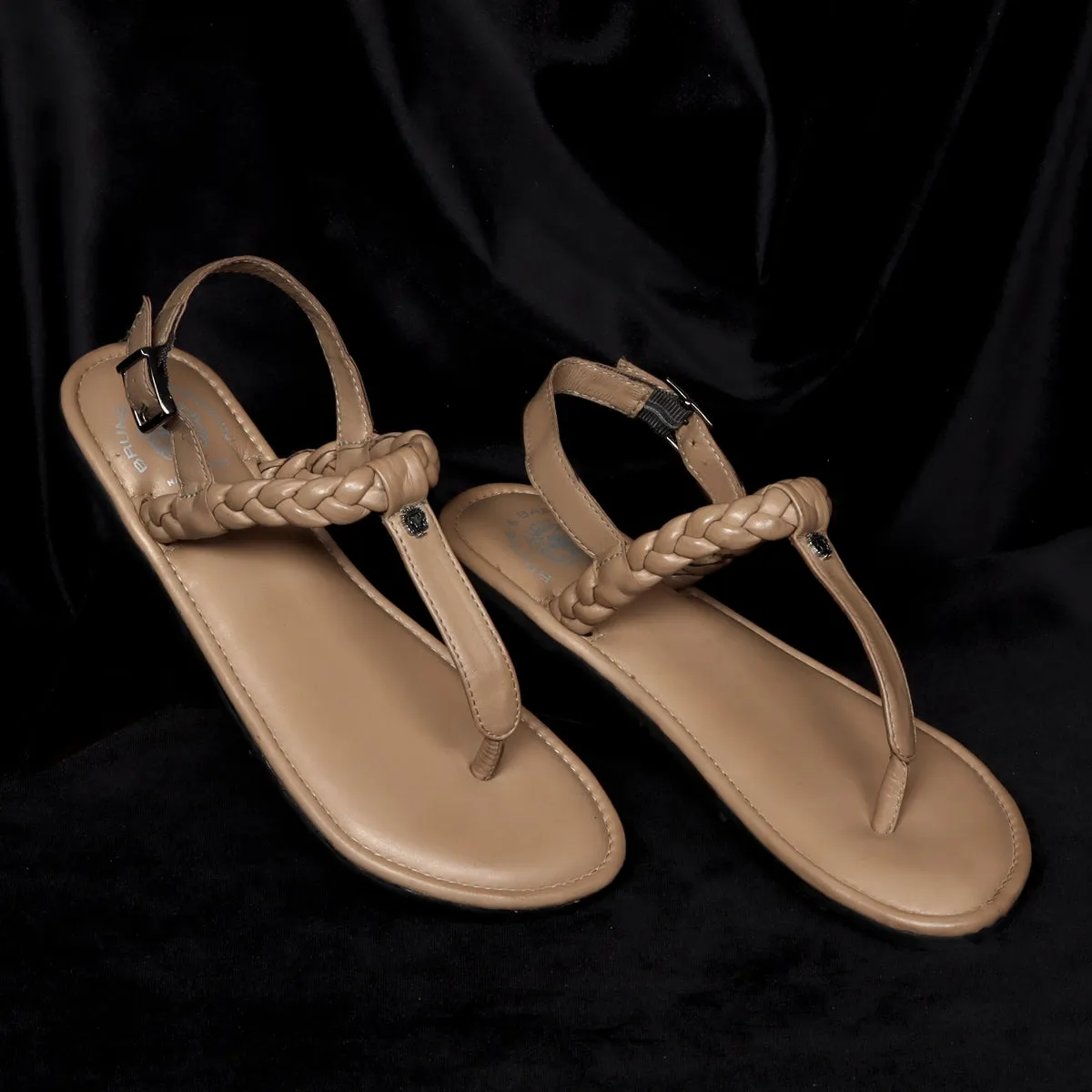 Weaved Loop Beige Buckled T-Strap Genuine Leather Ladies Sandal by Brune & Bareskin