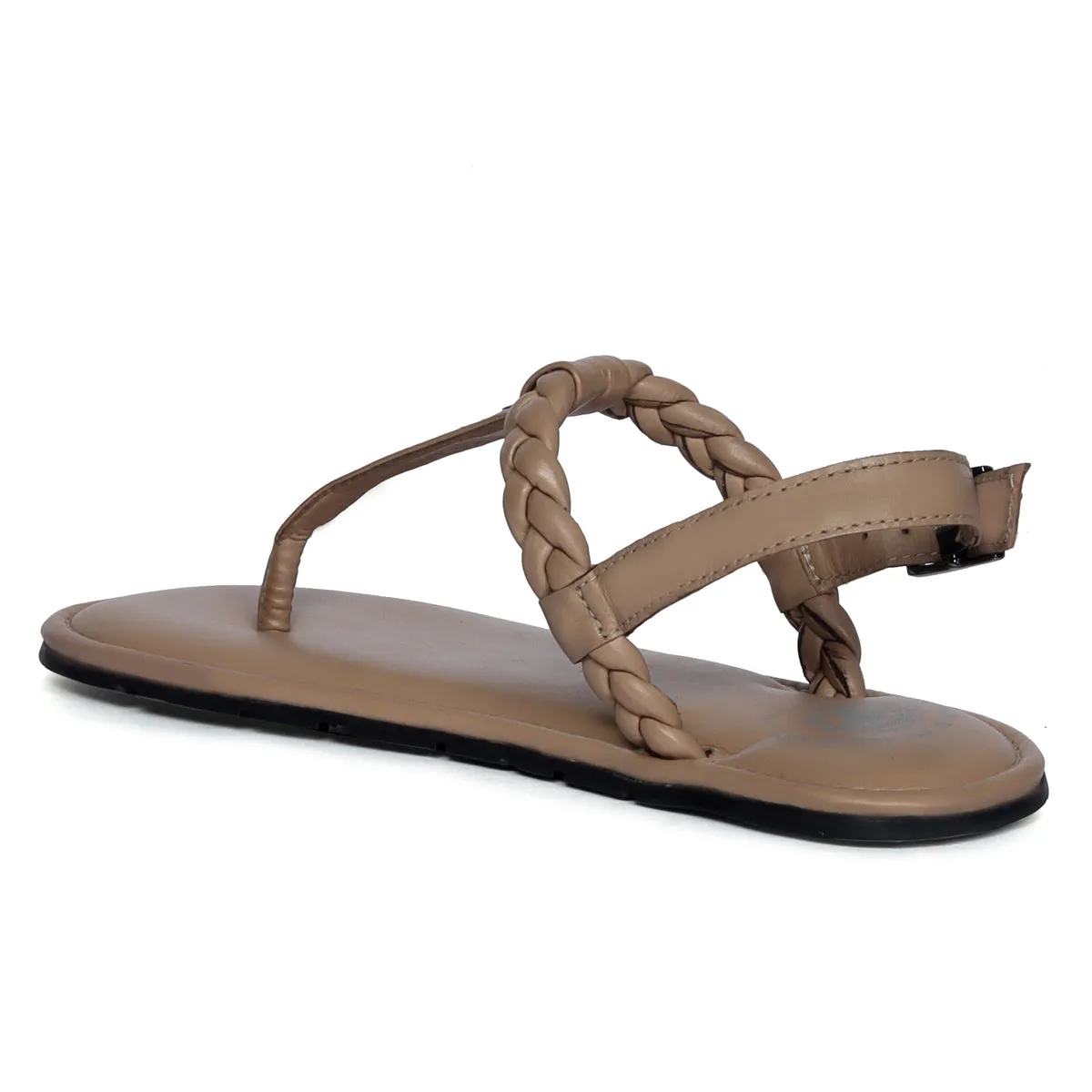 Weaved Loop Beige Buckled T-Strap Genuine Leather Ladies Sandal by Brune & Bareskin