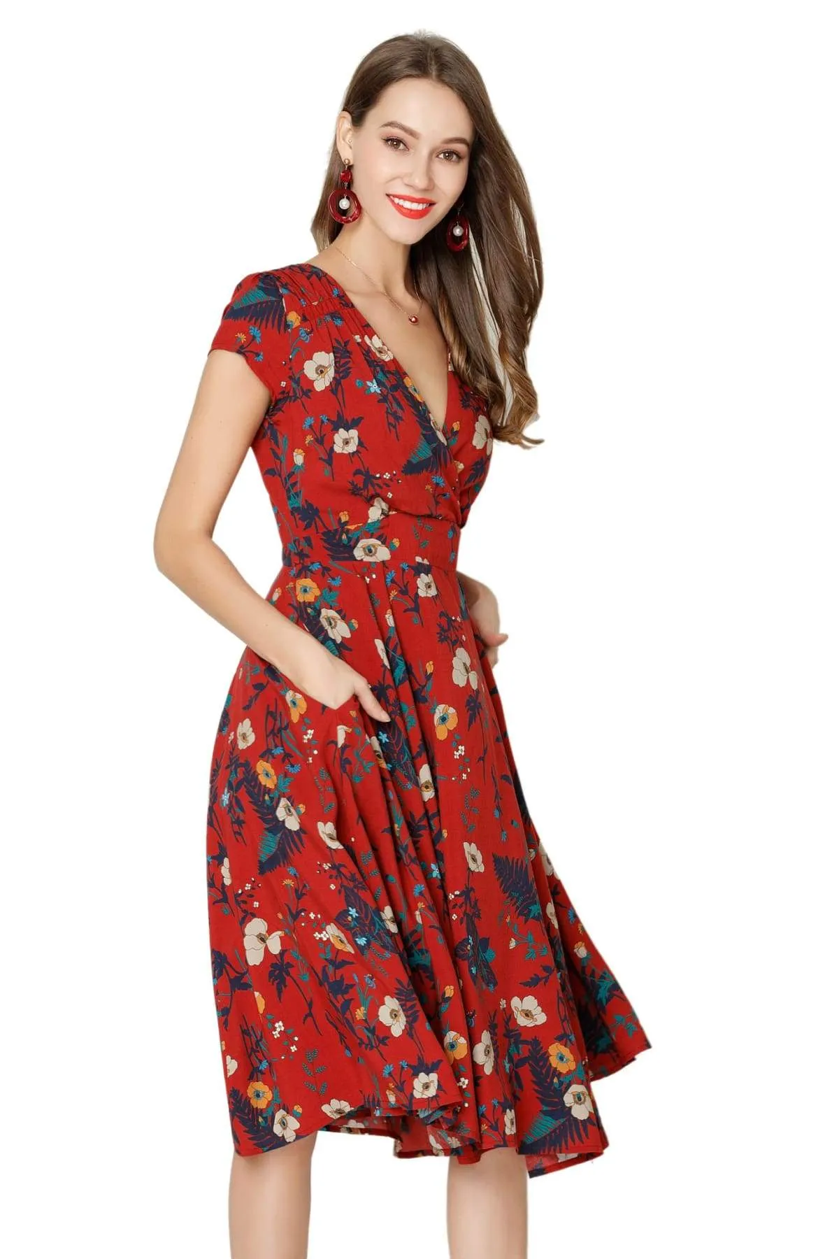 White Blossom & Dark Red V Neck Cross Over Dress