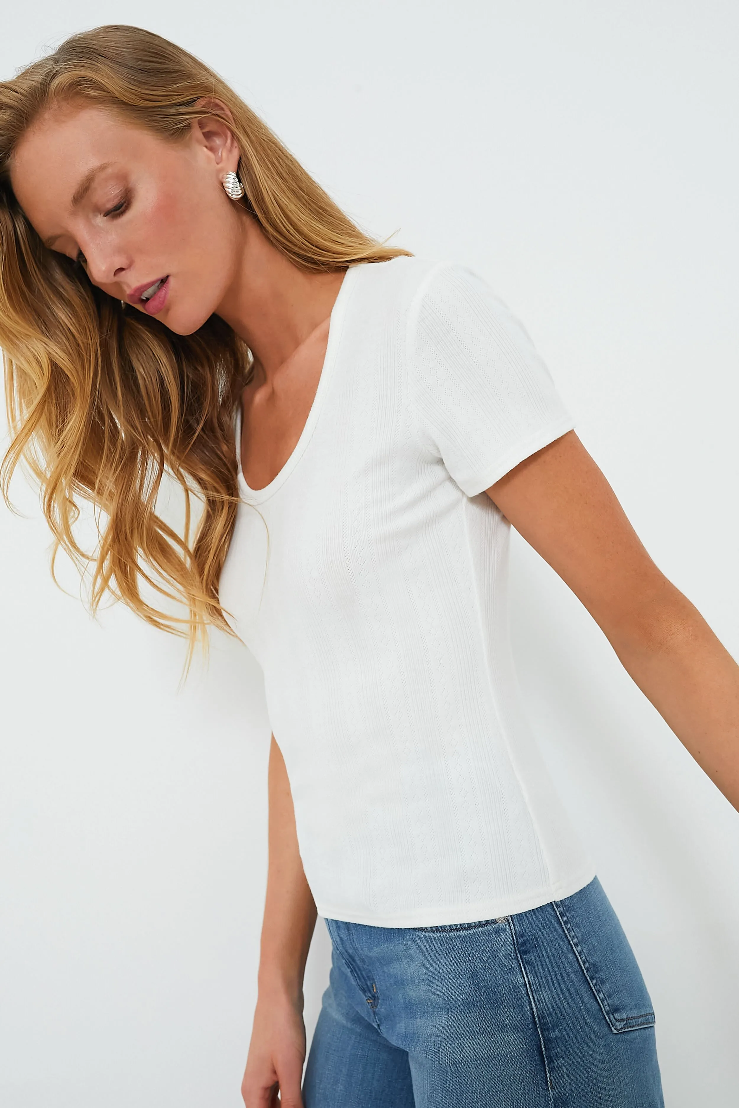 White Pointelle Bridgette Scoop Neck Tee