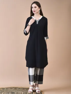 Women Liva (Rayon) Black Solid Kurta With Cotton Comfort Pant