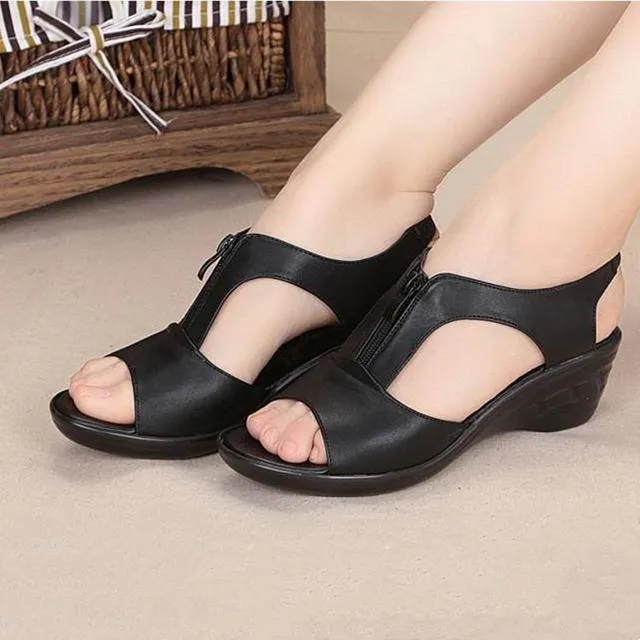 Women peep toe front zipper slip on wedge sandals