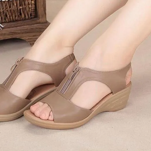 Women peep toe front zipper slip on wedge sandals