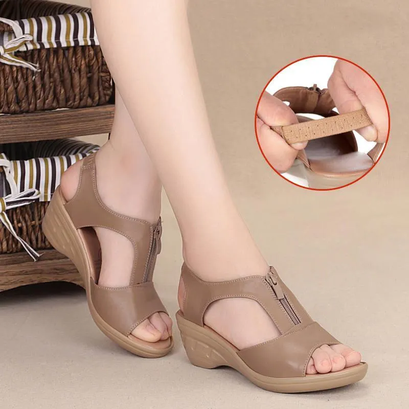 Women peep toe front zipper slip on wedge sandals