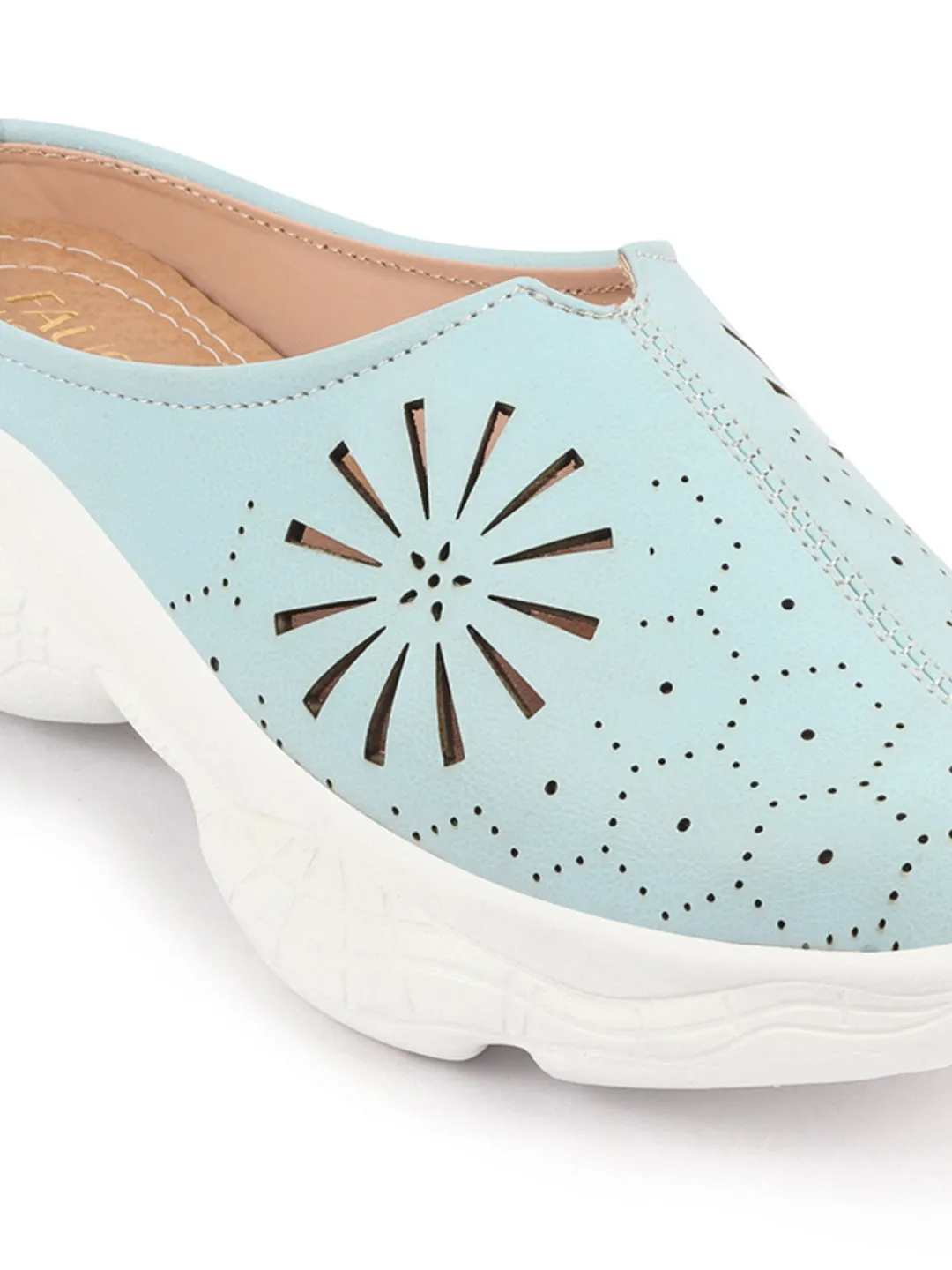 Women Sky Blue Laser Cut Design Stitched Breathable Back Open Slip On Mules Shoes