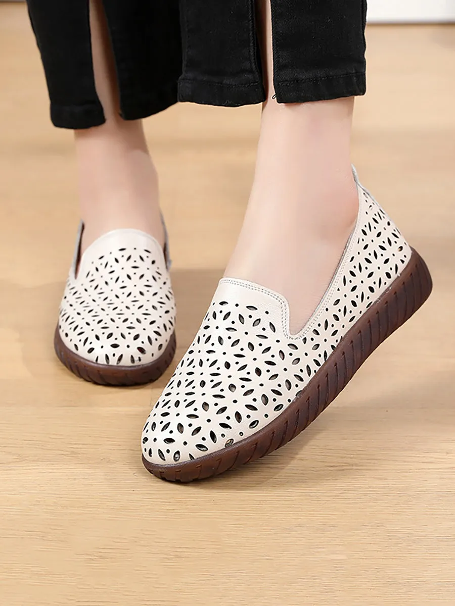 Women Summer Solid Leather Cutout Flat Soft Shoes UI1027