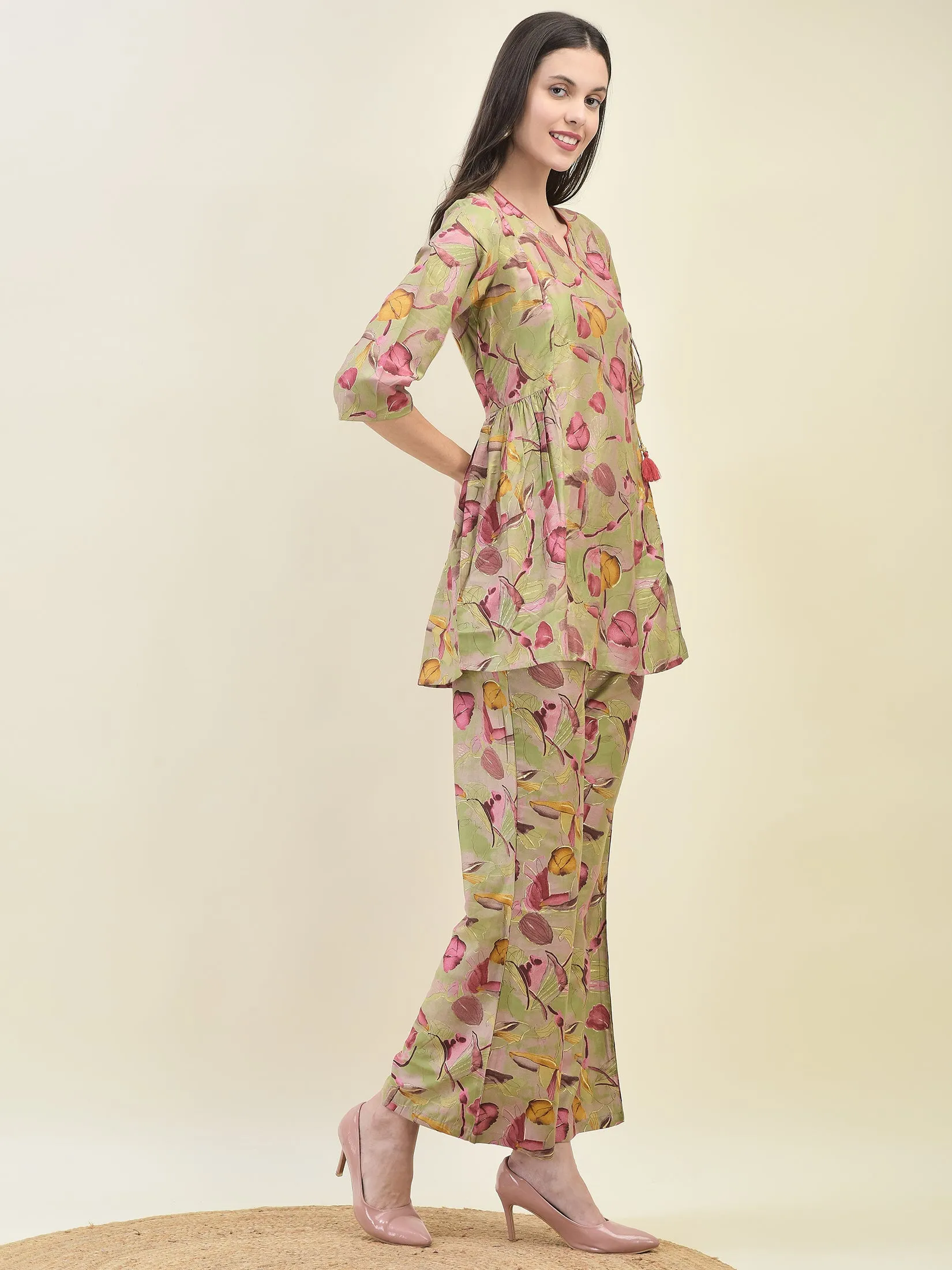 Women Viscose Green Tropical Print Co-Ord Set